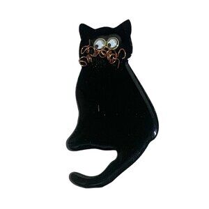 Vintage Black Cat Brooch With Googly Eyes & Curled Whiskers 3"
